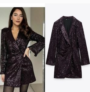 ZARA SEQUIN BLAZER WRAP LONG SLEEVE MINI DRESS Purple Size L